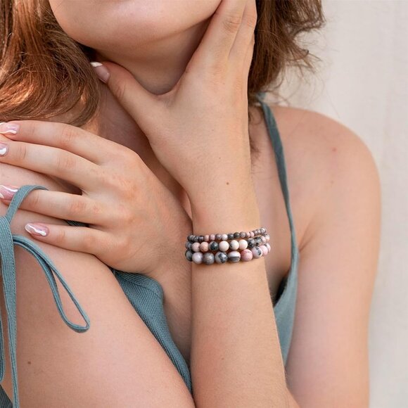 3 PCS 4,6,8mm Pink Zebra Healing Natural Stone Beaded Stretch Bracelet for Women - Picture 2 of 6